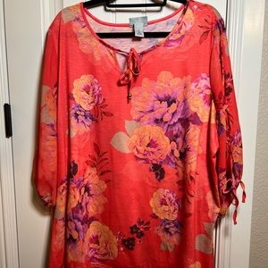 Plus Size Catherine’s Floral Peak-a-boo Sleeve Top 2X- Orange Floral